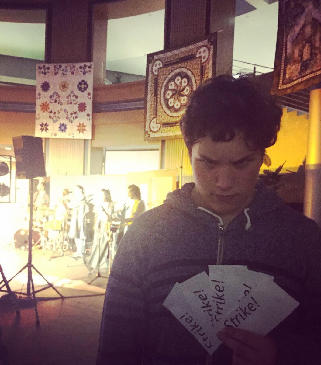 DaisyArseneault's tweet photo. A theatre date w. my son: They used 120 pairs of jeans to present “The Revenge of Ramon Ramon” by #CEETUCH a performance group from #Chile Thank you @NerudaArts & #MTspace for this #community production #WRArts #Kitchener #WatReg #WRAwesome https://t.co/AcdGJvLQXB