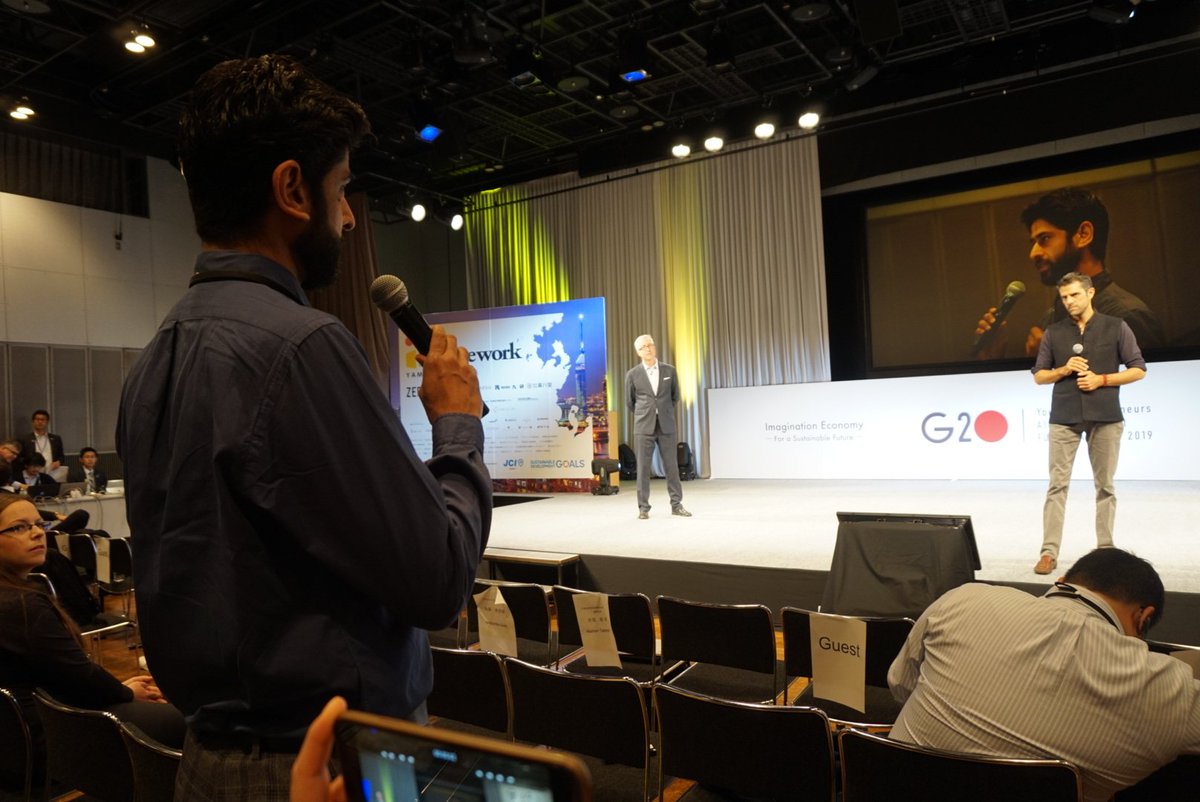 CTZentrepreneur's tweet photo. 🤔#FrenchDelegation Umar Rehman, from @fretbay and @MyBoxMan. "How can we contribute to sustainability as an entrepreneur ?" #G20YEA2019 #G20YEA with Federico Llamas Vidales https://t.co/LPoxcY773T