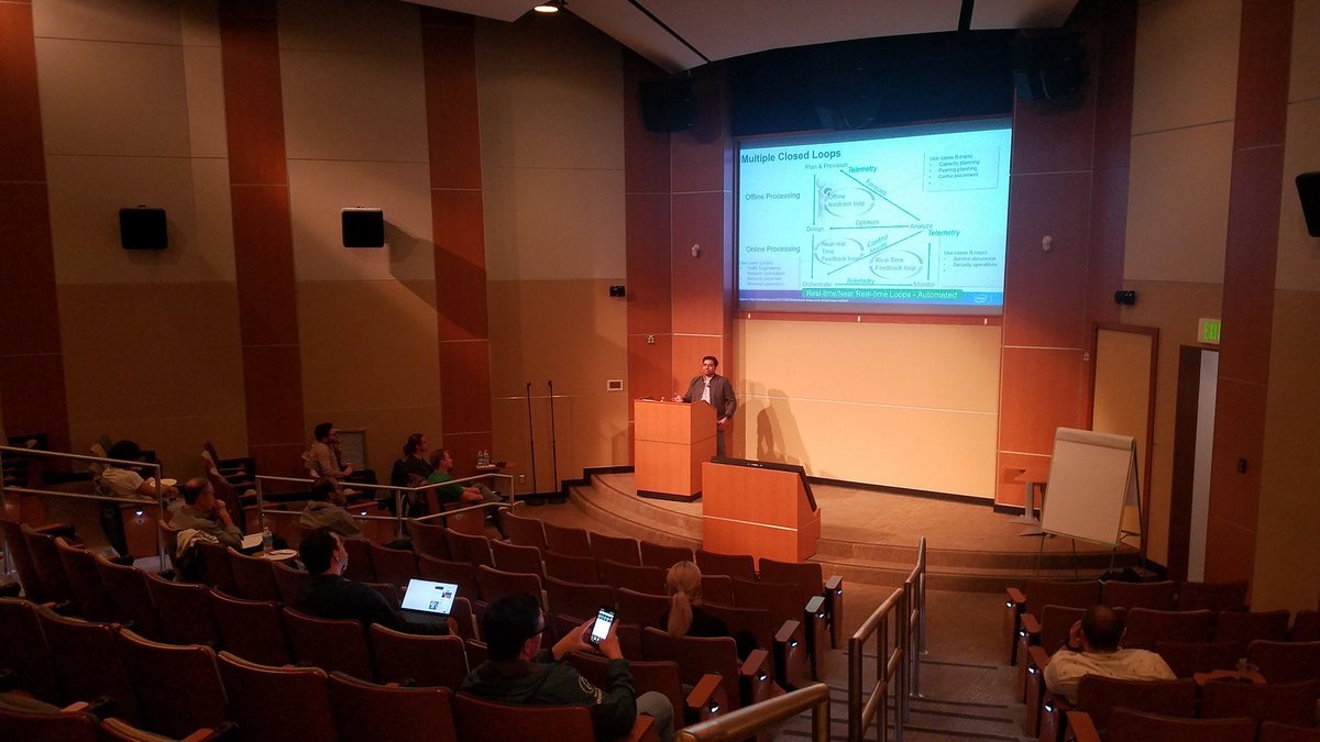 OpenStackOpenI1's tweet image. 2nd speaker @sunkuranganath on integration of Infrastructure telemetry, analytics, policy mgmt interfaces & the concept of Node Agent, using a noisy neighbor demo, for VM/container orchestrators to achieve intervention free Closed Loop Automation based service assurance solutions