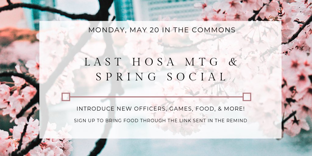 Our last meeting and spring social will be on Monday, May 20. We’ll introduce next year’s officers, play games, eat food, and have fun! Please try to bring food by signing up through the link sent in the remind. We hope to see y’all there and thank you for a great year!