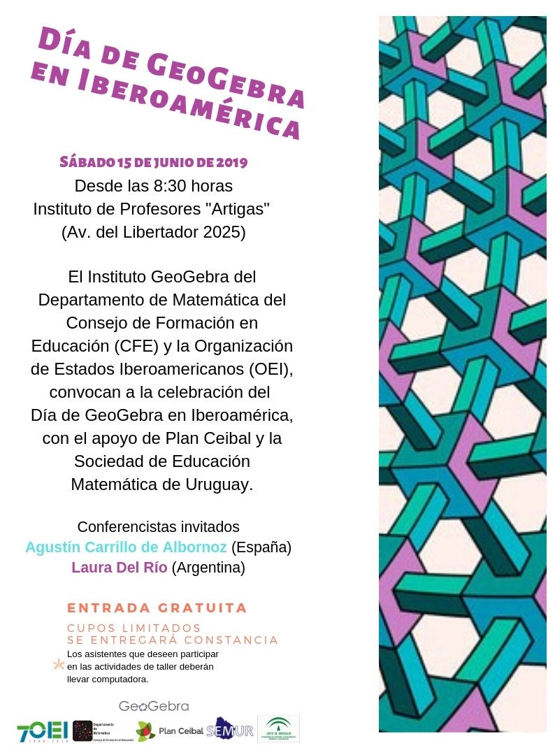 GeogebraU's tweet image. El 15 de junio en el I.P.A. en Montevideo Uruguay estaremos celebrando el VII día de #GeoGebra en Iberoamérica. Apoyan: @OEIUruguay @depdemat @CUREM_SEMUR, @Plan_Ceibal @AndaluciaJunta @GeogebraU  para inscribirte: forms.gle/DZTDa52yf31iqJ…   Más info en geogebra.org.uy/dia-geogebra-m…
