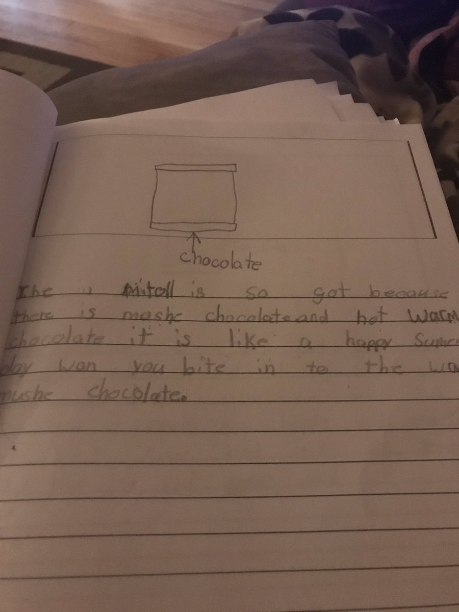 MrsTadWestwood's tweet photo. Opinion writing gold! Why are brownies a great snack?! “It is like a warm summer day when you bite into the mushy chocolate.” #realauthors @BrooksideWWRSD @DCouncilorLit @pmgmcgee https://t.co/FhgxG1wMM9