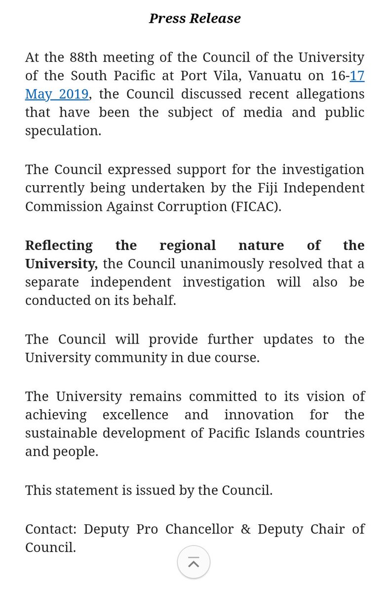 JopeTarai's tweet photo. Breaking!! The council speaks UP & OUT!!!
Finally! The accused have stepped aside (to some extent) ! Deputy Pro-Chancellor Ms Aloma Johansson can be contacted for enquiries
#StandForGoodGovernance
#BREAKING
@pal_vcp @UniSouthPacific https://t.co/bpkTcqY5VL