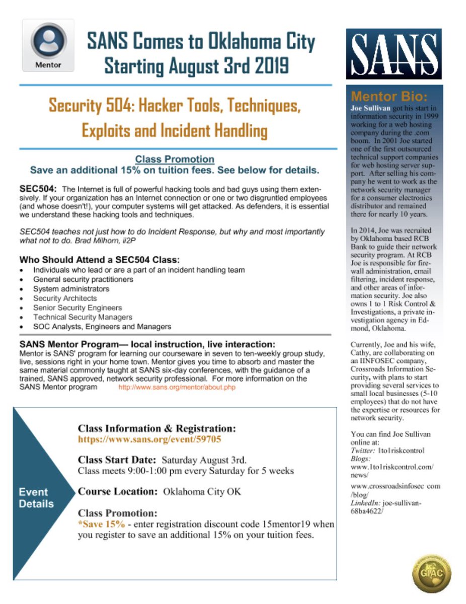 ReplicantHacker's tweet photo. SEC504 is coming to #oklahomacity in August. SANS training close to home and the best incident response training there is! #sec504 #okc #incidentresponse #hacking #exploitation #blueteam #redteam https://t.co/5qVe1K62zm
