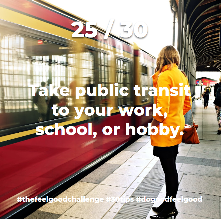 thefeelgoodchal's tweet photo. Simple stuff - if you can, keep the car at home and find your way to work or appointments using public transport! Buses, trams, metro, blimp (?) and sit back and relax. No road rage and more time for you!!! :)
#thefeelgoodchallange #30tips #dogoodfeelgood https://t.co/7M1ImUCIST