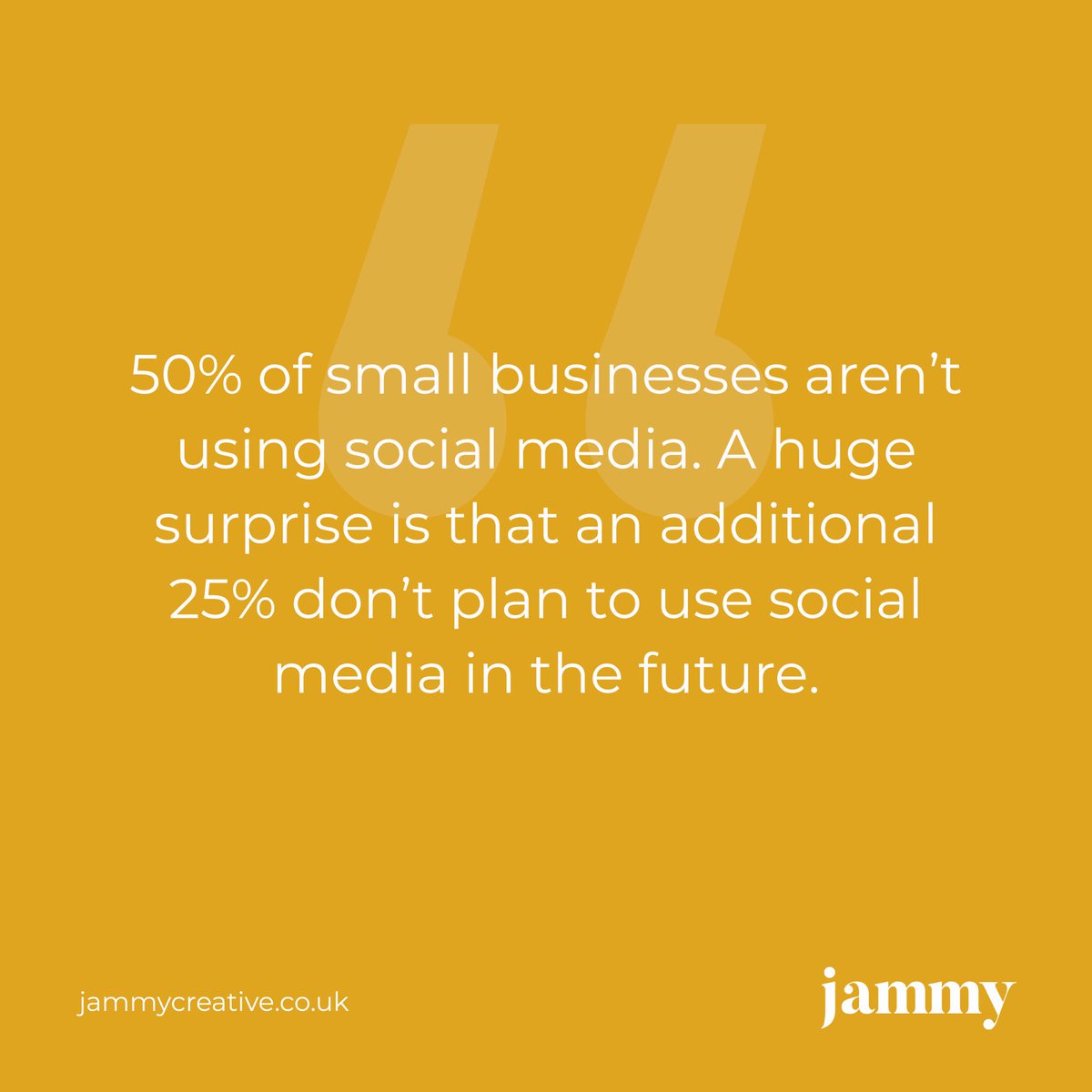 JammyCreative's tweet photo. The fact 50% of small businesses aren’t using social media tells us that there is a huge disconnect between those who are seeing the benefits of social media and those struggling to get started. Head over to https://t.co/CEMTd8vVmZ to see how we can transform your business. https://t.co/0wV7SmSIHK