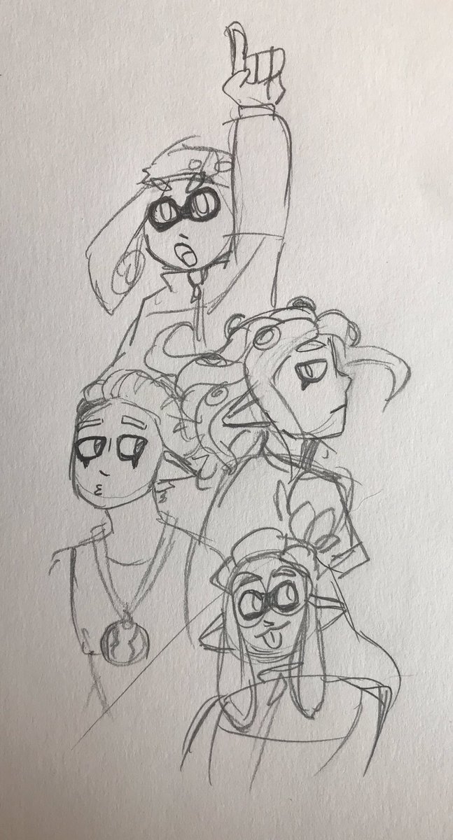 nickia_m's tweet image. A sketch of me and my bfs squid ocs! Top to bottom: Co, Stick, Idol, and Glasses
#Splatoon #squidoc #splatoon2 #myOCs