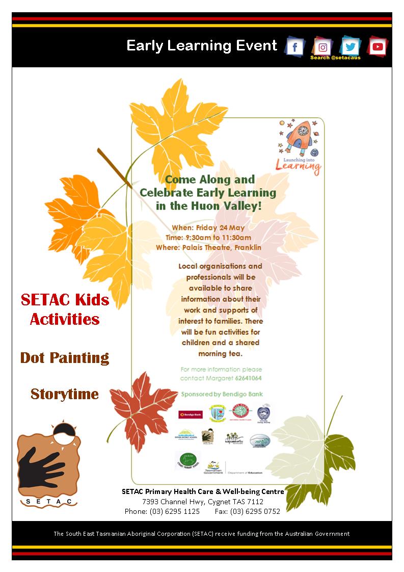 South East Tasmanian Aboriginal Corporation SETAC (@setacaus) on Twitter photo Early Learning Event, 24 May 2019, 9:30am-11:30am, at <a href="/FranklinPalais/">Palais Theatre</a> Theatre, 3388 Huon Highway Franklin. #Parent #baby #mum #mums #dad #dads #newmums #newdads #newparents #parenting #parenthood #earlylearning #earlychildhood #kids #parents #huon #huonvalley #cygnet #Franklin Early Learning Event, 24 May 2019, 9:30am-11:30am, at <a href="/FranklinPalais/">Palais Theatre</a> Theatre, 3388 Huon Highway Franklin. #Parent #baby #mum #mums #dad #dads #newmums #newdads #newparents #parenting #parenthood #earlylearning #earlychildhood #kids #parents #huon #huonvalley #cygnet #Franklin
