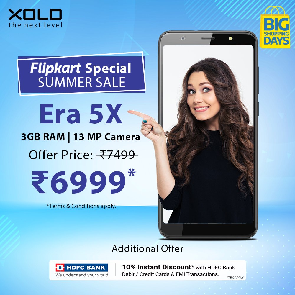 Buy Xolo Era 5X with 3GB RAM at a never before price. Hurry! Offer for Limited Period only. Exclusively available on #Flipkart. Also, get an additional 10% instant discount on HDFC Cards. *TnCApply. Buy Era 5X from - bit.ly/2Q5UTOo
