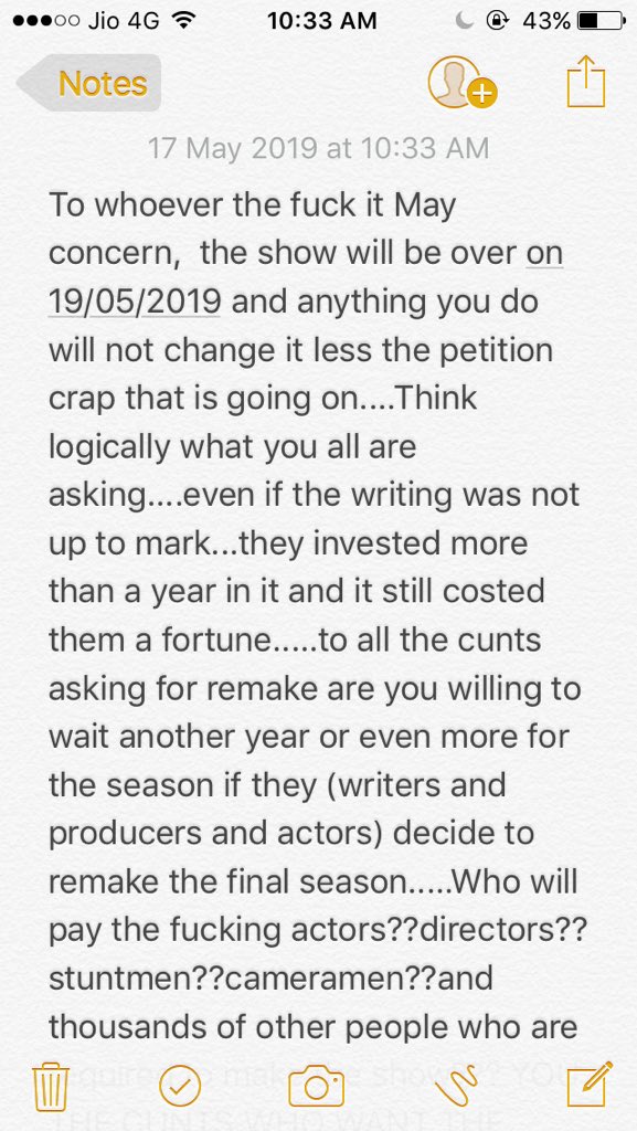 aashish1212's tweet photo. To all the dumbfucks signing the petition asking for a fucking remake,this is for you all people ...read,think about it and then let me know what you think afterwards @GameOfThrones @HBO @StarWorldIndia #GameOfThrones #GOTS8 #stupidity #Petition #AM4GOT #Seasonfinale #Getoverit https://t.co/9TM1oh8XIG