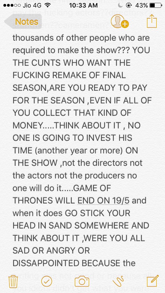 aashish1212's tweet photo. To all the dumbfucks signing the petition asking for a fucking remake,this is for you all people ...read,think about it and then let me know what you think afterwards @GameOfThrones @HBO @StarWorldIndia #GameOfThrones #GOTS8 #stupidity #Petition #AM4GOT #Seasonfinale #Getoverit https://t.co/9TM1oh8XIG