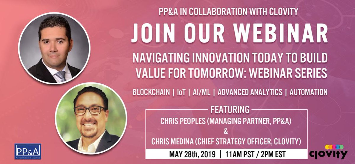 ClovityInc's tweet photo. Join us for our introductory webinar on May 28th for a high level overview of the topics that will be discussed over the coming months in our series and sets the stage for multiple deep dives on how to best harness the power of next generation technologies.https://t.co/IXuqZNC4XA https://t.co/WgkntBdHza