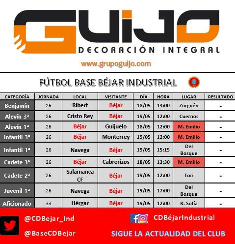 BaseCDBejar's tweet photo. 🔚 ¡ÚLTIMA JORNADA DE LA TEMPORADA! 🚨

El fútbol base llegan a su fin esta jornada ✅

⏰ El domingo a las 17:00 el juvenil se juega la categoría en un duelo a todo o nada 🆚 @CDNavega en el Vicente del Bosque y necesitamos el apoyo de todo Béjar allí ⚔️

#PorElBéjarQueViene ❤️ https://t.co/ujmqASvNG3