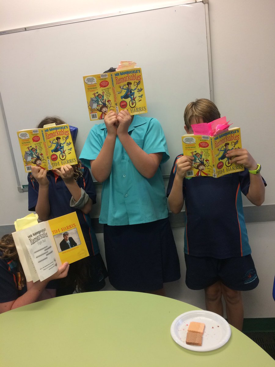 So, @TimHarrisBooks, this is my Readers Cup team having fun with your book, ‘Mr Bambuckle’s remarkables’. Note the wafer biscuits on the plate. No wafers- no questions!