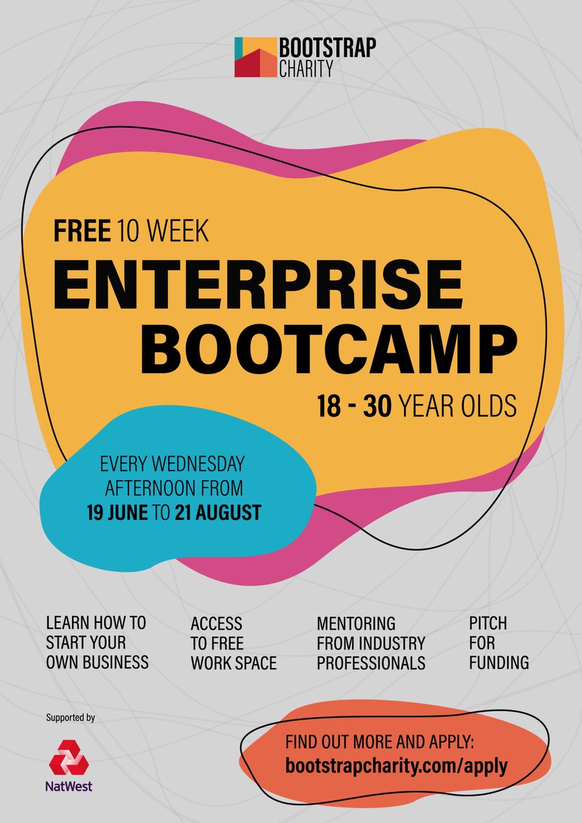 Learn how to start your own business, have access to free work space, get mentoring from industry professionals and pitch for funding!

The next free 10 week Enterprise Bootcamp starts on 19 June. Find out more and apply: bootstrapcharity.com/enterprise