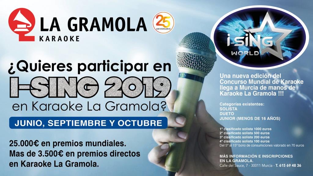 ¡ÚLTIMOS DÍAS! ¡El viernes 24 de mayo acaba la inscripción del concurso de Karaoke I-Sing 2019 en La Gramola!

Vive en La Gramola la fase regional de este concurso internacional durante los meses de junio, septiembre y octubre.

#Karaoke
#Murcia