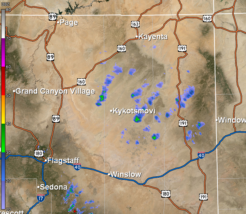 NWSFlagstaff's tweet photo. At 444 AM MDT, isolated showers are continuing to move northeast over northern Navajo and Apache counties. One shower developed into a thunderstorm. Some of these storms could last through the morning. #azwx https://t.co/LIOnZir01N