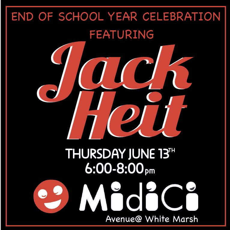 WhatWillJackSay's tweet photo. Mark your calendar  I will be celebrating the end of the school year by playing at Midici on the Avenue in White Marsh. Come on out for great food and music at the most fun restaurant around. https://t.co/lPVkyHF6aR