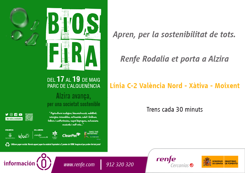 T'acostem amb tren🚆 de Rodalia a <a href="/BiosfiraAlzira/">BIOSFIRA</a>🌳🍊🍅🍉 la gran fira del medi ambient del 17 al 19 de maig. Consulta els nostres horaris de la línia #VlcC2 en la web: 👉goo.gl/r7ve5w

<a href="/caecv/">CAECV</a> @GVAagroambient <a href="/AjuntAlzira/">Ajuntament Alzira</a>