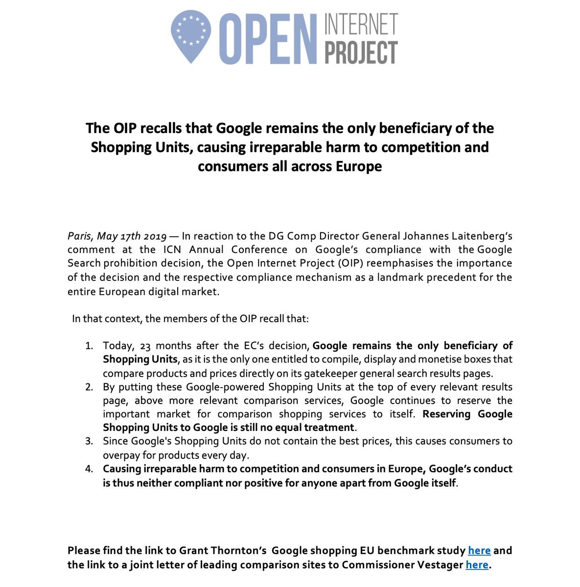 .<a href="/OpenInternetPro/">OpenInternetProject</a> recalls that Google remains the only beneficiary of the Shopping Units, causing irreparable harm to competition and consumers all across Europe! <a href="/vestager/">Margrethe Vestager</a> <a href="/EU_Competition/">EU Competition</a> 

📣Here's our PR: bit.ly/2JKQ3F3