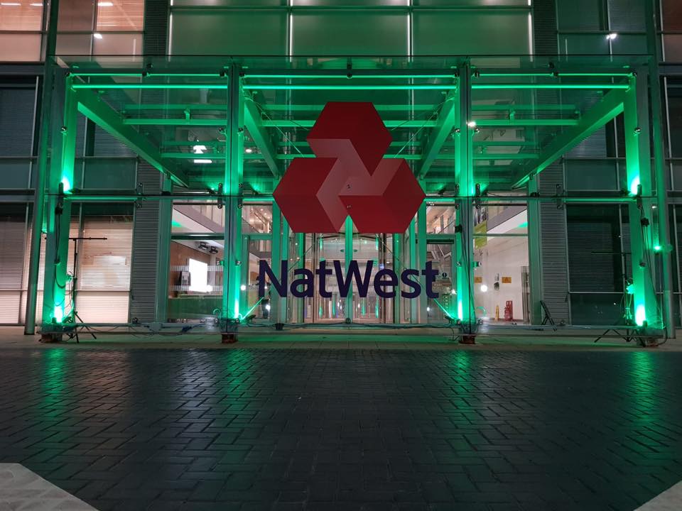 NatWestGroup's tweet photo. This week we lit up some of our Royal Bank of Scotland, NatWest &amp; Ulster Bank buildings in green for #MentalHealthAwarenessWeek: https://t.co/6WDlUwV5o5