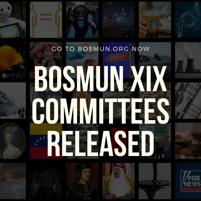 bosmun's tweet photo. We are thrilled to announce that the BosMUN XIX committees have been released! Head to https://t.co/s9nepbs4oh to check out all the fun things we have planned for February. https://t.co/6smvBKtQip