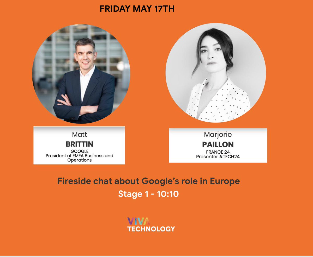 GoogleEnFrance's tweet image. Ne manquez pas dans 1 heure ⌚️ à #VivaTech l&apos;interview de @MattBrittin sur le rôle de @Google en #Europe par @marjoriepaillon de @France24 👉 Rendez-vous à 10:10 sur la Stage ONE  #Tech24