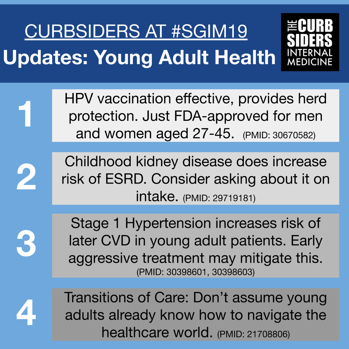 thecurbsiders's tweet photo. More #SGIM19 Pearls: #Buprenorphine, medical #cannabis, #HPV vaccine, young adult medicine, #meded, #hypertension, #addiction medicine resources, and more! Notes- https://t.co/enkAye1dw3 @SocietyGIM @PaulNWilliamz @norataranto @justinberk @CarolynAChan @ShreyaTrivediMD https://t.co/kt11upQkg1