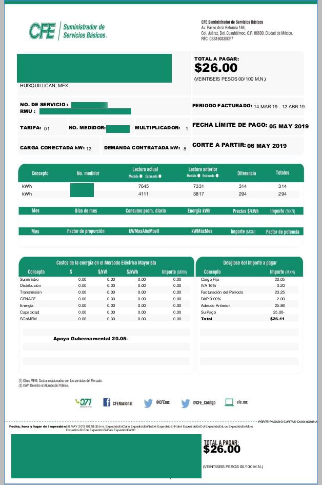 Y,  llegó el recibo de luz (CFE)  de Abril de 2019.

$26 Pesos Mexicanos. 

Ahorro total con Energía Solar: ¿Quieres pagar lo mismo? $26.00 Pesos ... 

Contáctanos, sin compromiso haremos un análisis de tu consumo eléctrico y una propuesta de paneles solares.

#PiensaSolar