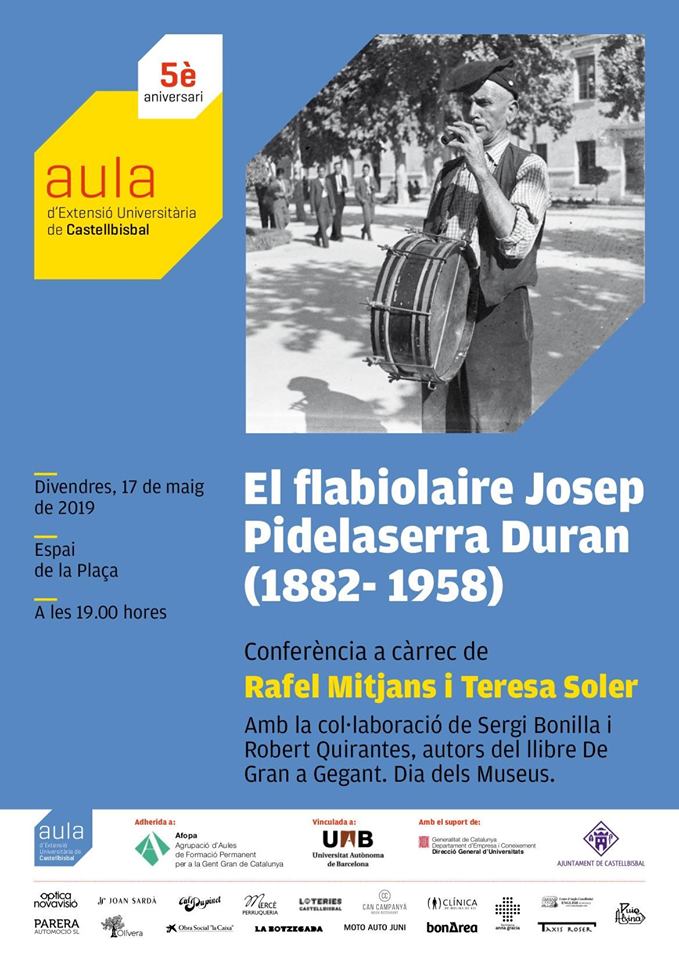 Avui la @GegantsCast col·laborarà amb la Conferència de l'Aula d'Extensió Universitària de Castellbisbal en una xerrada que ens permetrà conèixer i profunditzar en la figura de Josep Pidelaserra (el Gran Manel).

🗓 Divendres 17 de maig de 2019
🕖 19.00 hores
📍 Espai de la Plaça