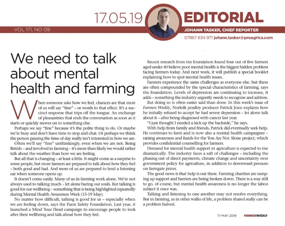 Wow!!! What an amazing thing to wake up to ... today’s editorial comment in <a href="/FarmersWeekly/">Farmers Weekly</a> from <a href="/johanntasker/">Johann Tasker 🇺🇦</a> supports our #mindyourhead campaign &amp; the drive to encourage farmers to prioritise their mental health 
Thank you so much 💛
