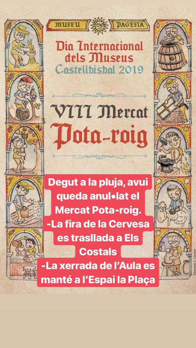 📢☔INFORMACIÓ AFECTACIONS PER PLUJA ☔📢
A causa de la pluja d'avui s'anul·la el #mercatportaroig. Es trasllada la Fira de la Cervesa a Els Costals. La conferència de l'Aula Castellbisbal es manté a l'Esplai la Plaça.

#castellbisbalcultura #catsellbisbal #DIM @Museu_Pagesia