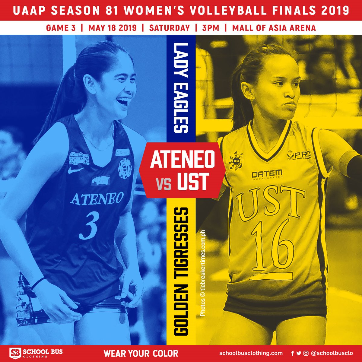 SchoolBusClo's tweet photo. Ateneo Lady Spikers vs UST Golden Tigresses in the #UAAPSeason81Volleyball Finals Clash. Gear up and cheer your favorite team into victory. Who are you rooting for? #WearYourColor

Visit our online store https://t.co/fYS4BoggRR https://t.co/qXSMgm8U9y