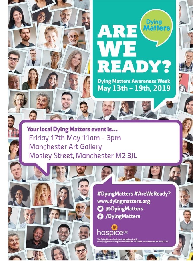 TODAY we will be at Manchester Art Gallery between 11am – 3pm offering support on death, dying and bereavement, and getting people to talk about #AreWeReady #DyingMattersWeek2019 ⁦@DyingMatters⁩ ⁦@cbukhelp⁩