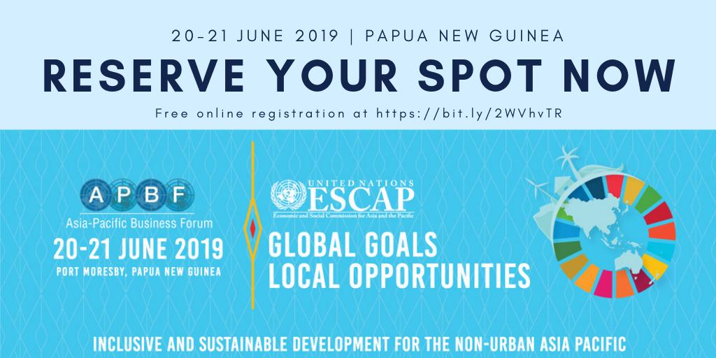 UNESCAP's tweet photo. If you're passionate about #businesses and sustainability, especially in the non-urban #AsiaPacific, then we need YOU at #APBF2019! Be part of expert discussions with business leaders &amp; local entrepreneurs in Papua New Guinea next month. Register here:  https://t.co/u9VSscEyCt https://t.co/ZJ1VKtctnh