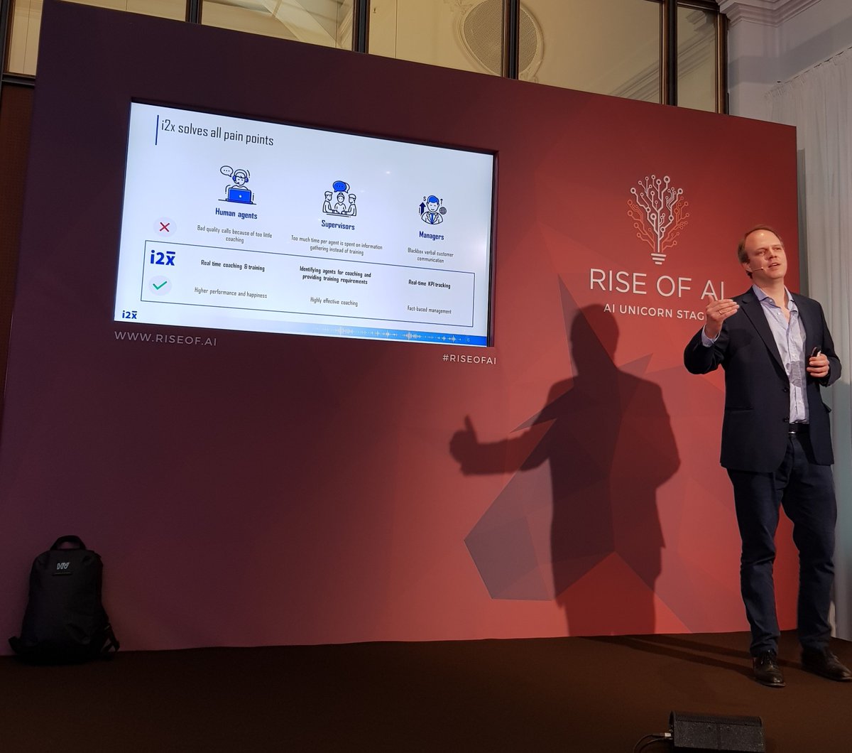 How can #AI upgrade the human? <a href="/i2x_ai/">i2x.ai</a> founder Michael Brehm at <a href="/Riseof_AI/">Rise of AI</a>. #HumanAugmentation