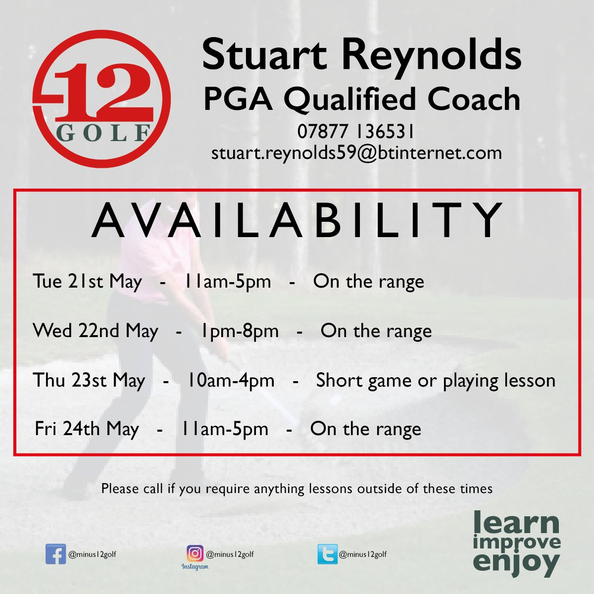minus12golf's tweet photo. Lesson availability for next week.
If your struggling with your game and need a helping hand just give me a call or direct message me. @RugbyGolfClub @leamvalley https://t.co/fA694HHJMx