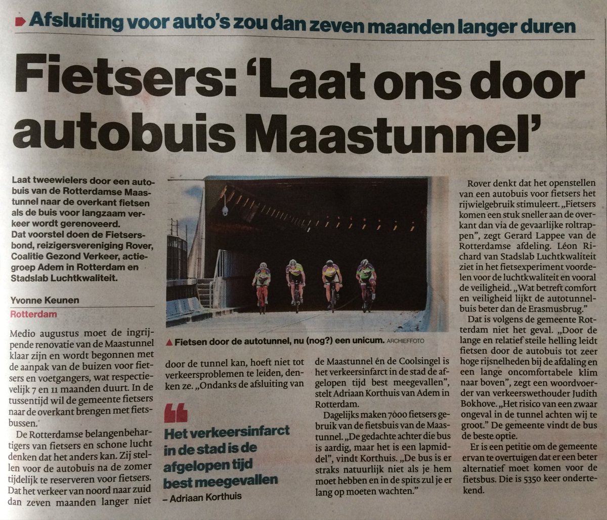 De oplossing van de coalitie <a href="/gezondverkeer/">Gezondverkeer</a> is: fietsers door de autotunnel van de Maastunnel als de fietstunnel wordt gerenoveerd. Wethouder <a href="/judithbokhove/">Judith Bokhove</a> vindt de hellingen te steil en - gevaarlijk voor fietsers ... nu in <a href="/RDStad/">AD Rotterdams Dagblad</a>: ad.nl/rotterdam/fiet…