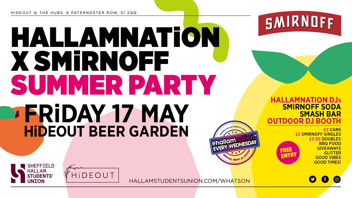 HideoutSheff's tweet photo. TODAY'S THE DAY!! WHO'S READY FOR THE HALLAM NATION X SMIRNOFF SUMMER PARTY??? Bevs, BBQ and giveaways galore all at Hideouts Beer Garden. See you there from midday! 🍋🍊🍸🌞 https://t.co/ta6yb6H7ie