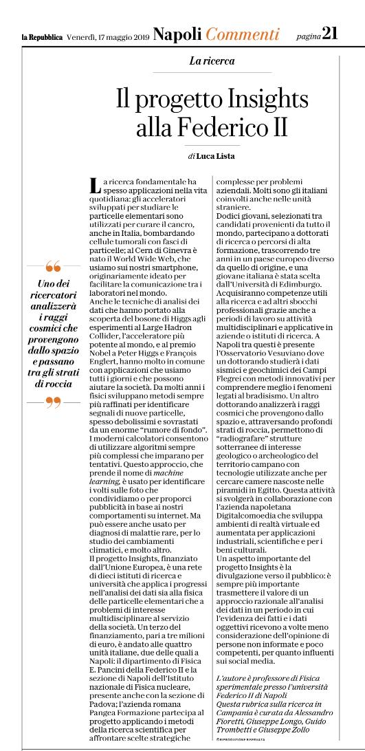Il progetto Insights alla Federico II.
La Repubblica - Napoli.