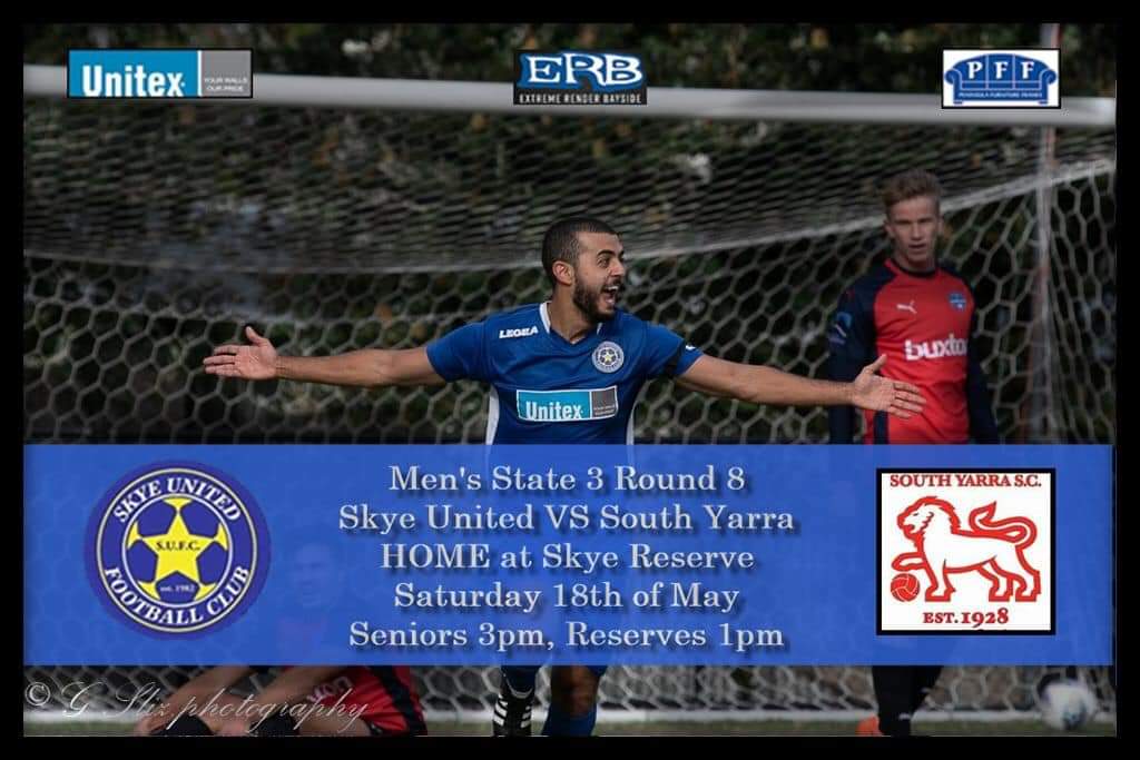 SENIOR MENS|

Back at home tomorrow as we host <a href="/SouthYarraSC/">South Yarra SC</a>! Both teams are looking to improve on some impressive results last week.

Ressies 1pm
Seniors 3pm

Bar and canteen will be going all day!

Goodluck lads !

#skye19 🔵⚪️⚽️

📷 G.Sliz photography