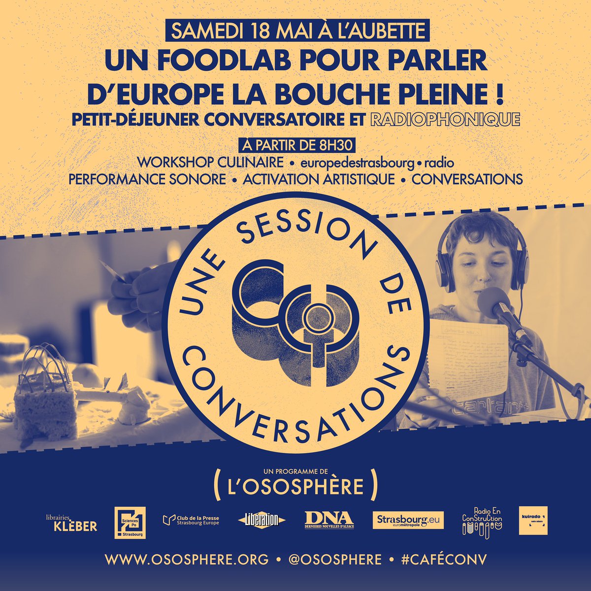 Demain à l’Aubette #Strasbourg, venez parler d’Europe la bouche pleine à partir de 8h30 ! À l’occasion du forum <a href="/libe/">Libération</a>, <a href="/ososphere/">L'Ososphère</a> et <a href="/rec_907/">RadioEnConstruction</a> proposent un petit-déjeuner Conversatoire sur entrée libre. À demain! #CaféConv 📢💬