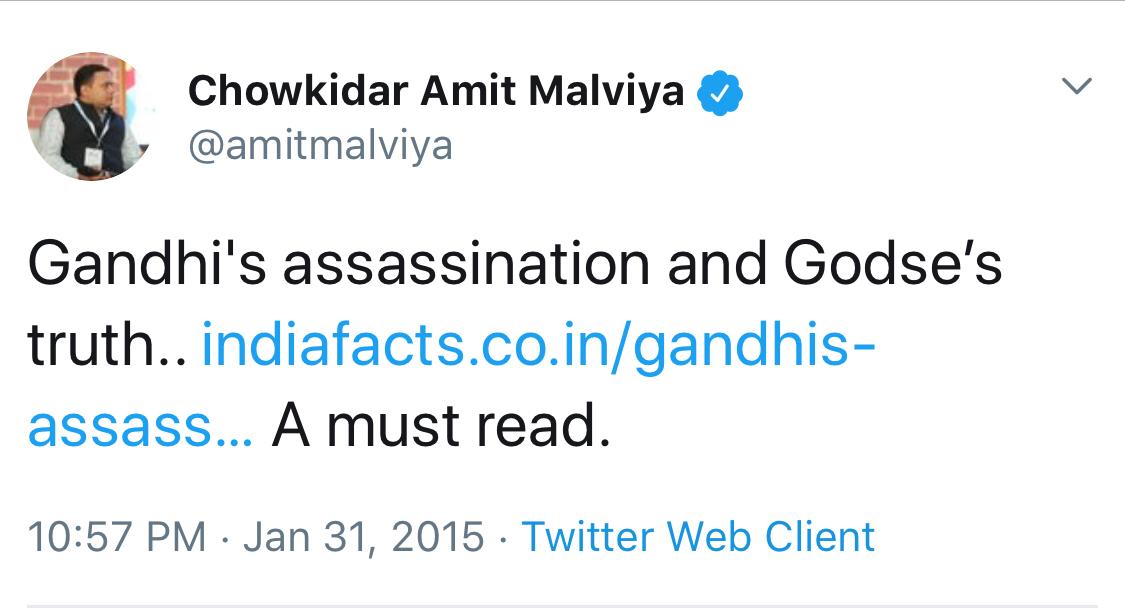 BDUTT's tweet photo. While the BJP and opposition is all focused on Hegde and Pragya, someone pointed me to these old tweets on Gandhi and Godse by prominent party spokesman and head of its IT cell Amit Malviya. Rationalisation of Godse seems an old habit. Did we forget this one? . https://t.co/034a8x7UC5