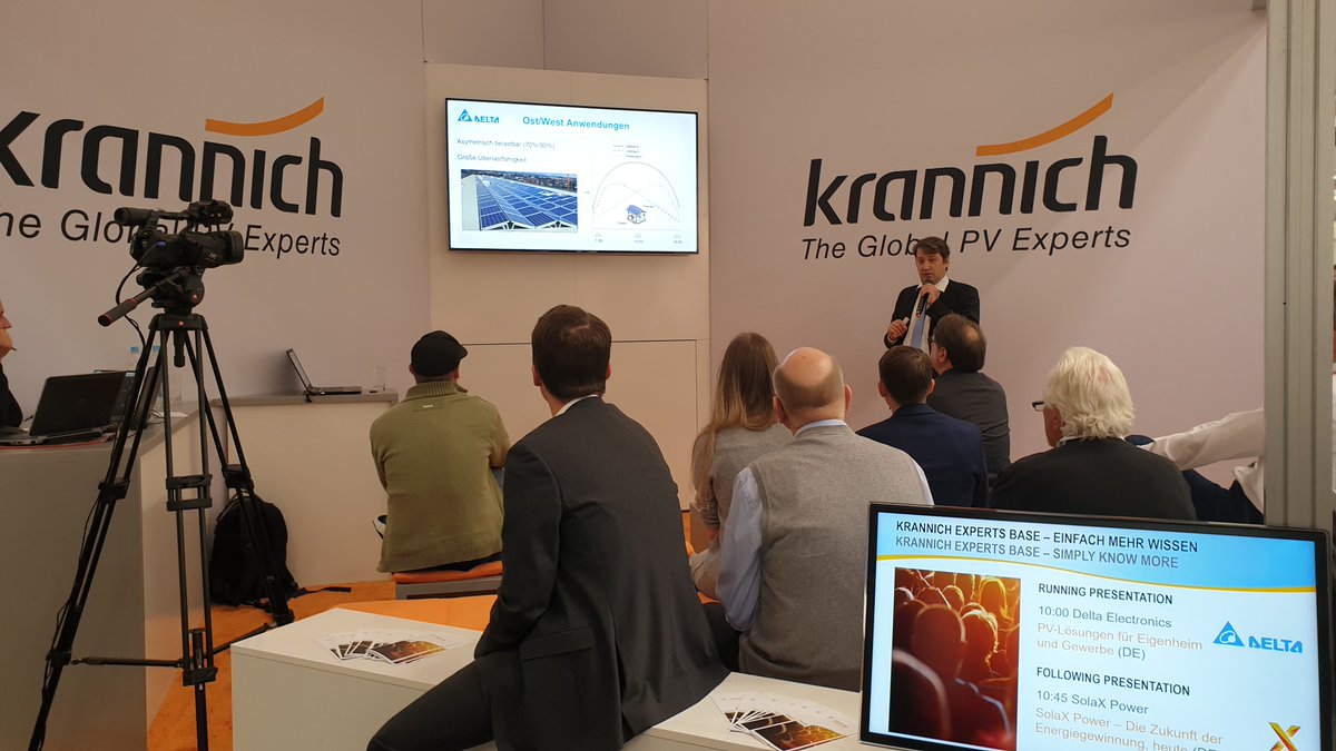 DeltaEMEA's tweet photo. Oliver Haas and Andreas Schmidt on stage! Watch the live presentation about our #PVSolutions @krannichsolar Experts Base, 
https://t.co/uTxq3ZfkNE
#pv #pvinverters #intersolar19 https://t.co/3cYW3zfqZB