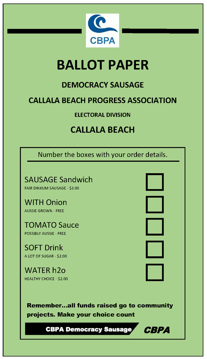 callala_beach's tweet photo. Vote at the Callala Beach Community Hall on Saturday and grab a Democracy Sausage from the Callala Beach Progress Association. Funds raised go to local projects. #democracysausage #gilmorevotes #onionspillkit #noqueue https://t.co/hN1ODUCYzp
