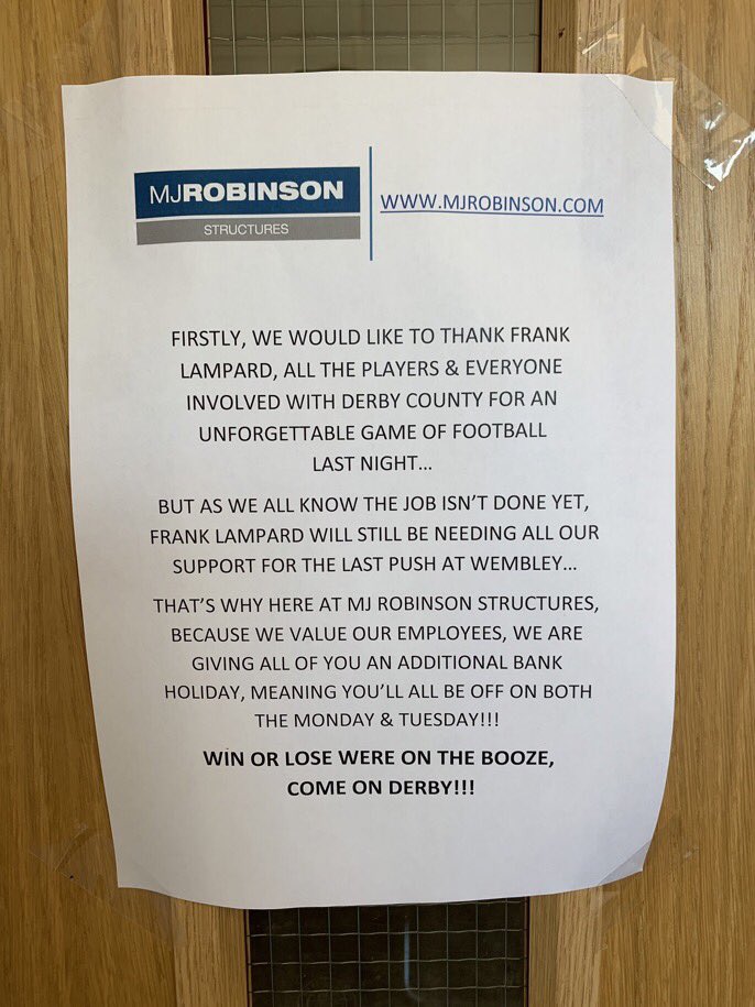 ODDSbible's tweet photo. After Derby County beat Leeds, this company in Derby is giving its staff an additional day off after the Play-off final 😂👏 https://t.co/IxEzZy5Hgt