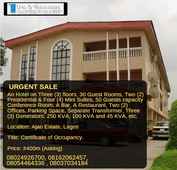 Una_Associates's tweet photo. URGENT SALE

An Premium Hotel on Three (3) floors

Location: Ajao Estate, Lagos   

Title: Certificate of Occupancy.

Price: #400m (Asking)

For inspection &amp; enquiries, reach out to us on:

Tosin: 08024926700, Ify: 08162062457,
Funke: 08054464336, Ngozi: 08037034184
@oladi2funke https://t.co/bl6Aht8c5c