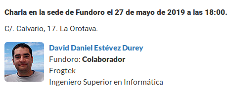 OSLULL's tweet photo. Charla "Historia y ética del software libre" el próximo 27 de mayo impartido por David Durey en @Fundoro #LaOrotava #Tenerife https://t.co/OV2o8gGX0G https://t.co/y7DHZbz0uh