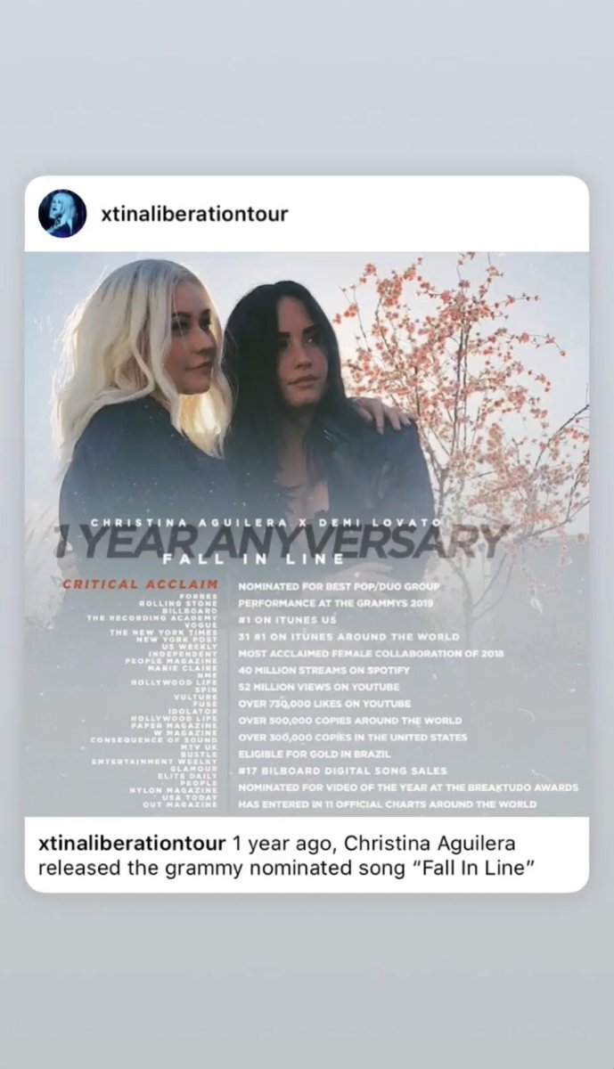 demirealupdate's tweet image. Demi and Christina both shared memories for the #1YearAnniversaryOfFallInLine via Instagram story⛓