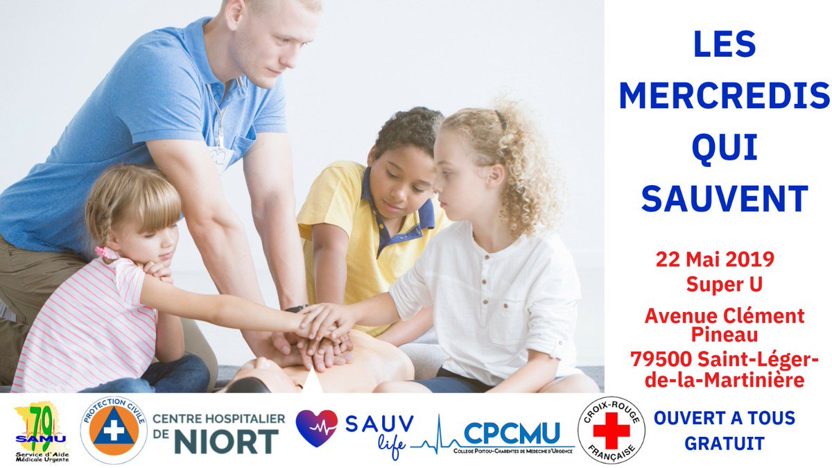 SAUVLife's tweet photo. [ #LesMercredisQuiSauvent ]
Le 22 Mai au  SUPER U Saint Léger de la Martinière
Venez vous initier aux gestes du massage cardiaque et de la défibrillation avec le #samu79   #cpcmu #samu 
#GestesQuiSauvent https://t.co/8jBHR6JUsc https://t.co/CZGdwPTZue